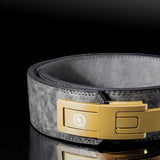Close up for Shadow Gray lever belt. Gray leather weightlifting belt with gold lever.