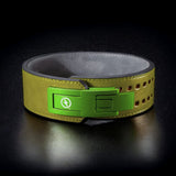 Green leather weightlifting belt. Green lever on powerlifting belt