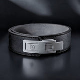 Dark grey leather weightlifting belt. Light gray lever on powerlifting belt