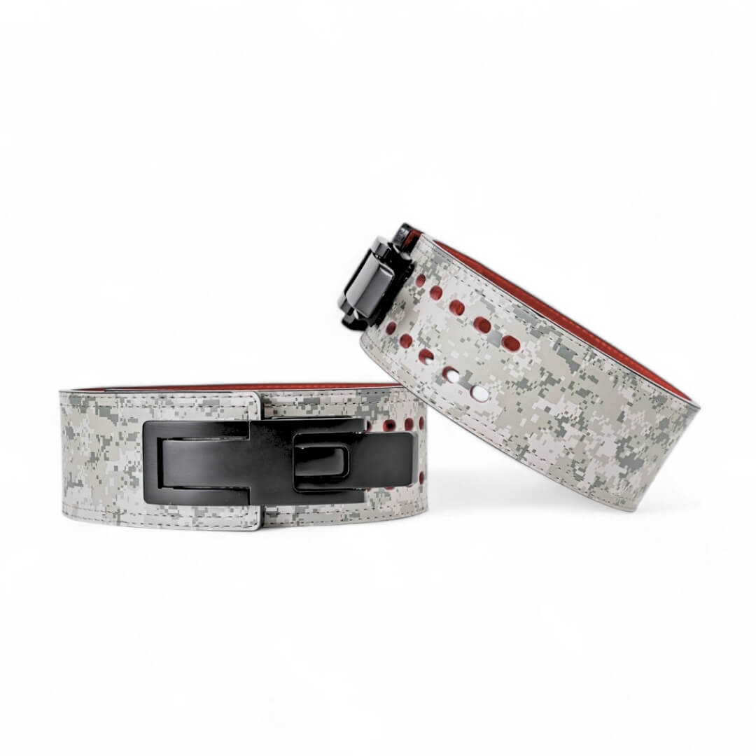 Urban Camo Weightlifting Belt on display | Powerlifting belt featuring adjustable lever buckle. This belt offers superior support and a sleek black leather exterior with red suede interiors, perfect for powerlifting and serious weight training.