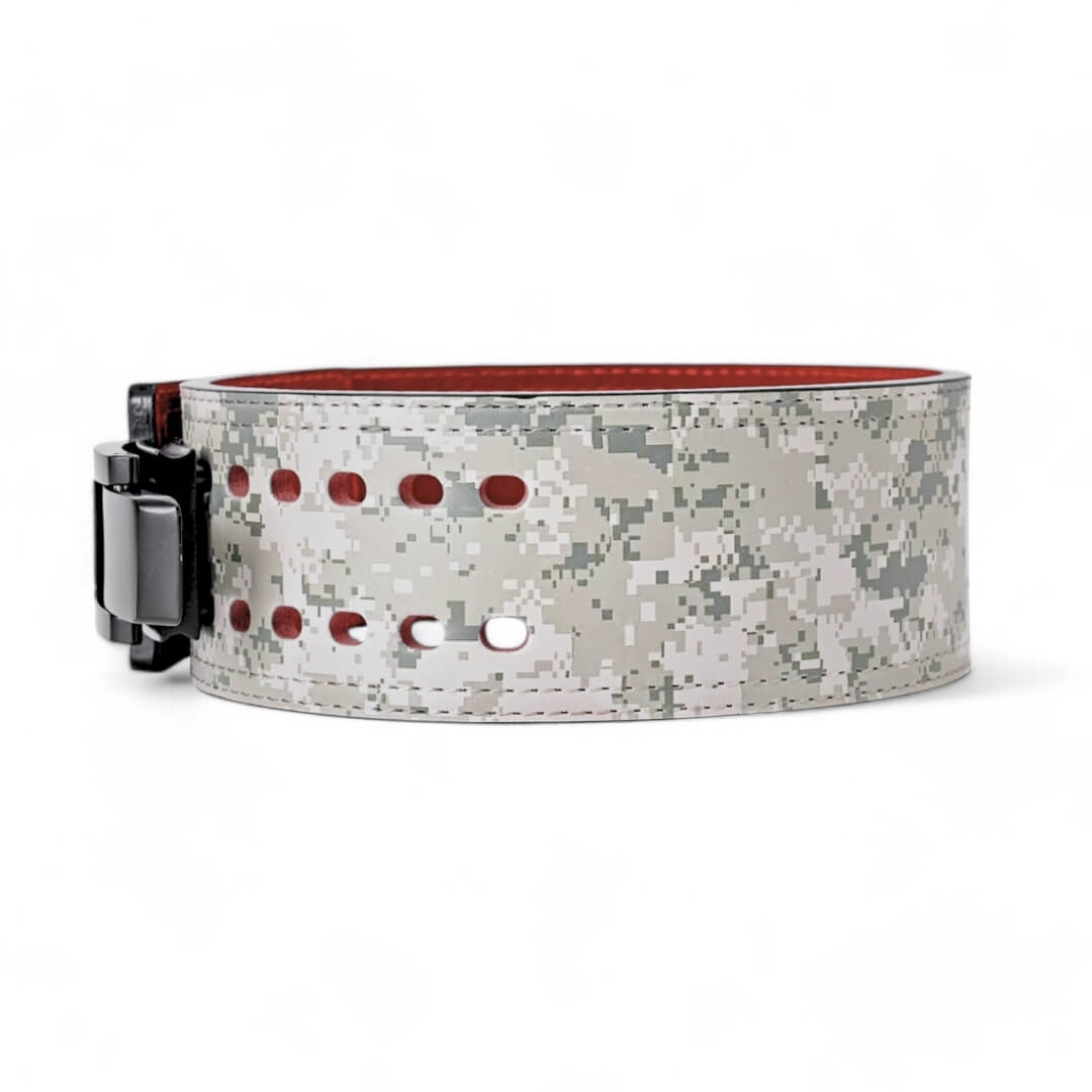 4th image of urban camo Weightlifting Belts on display with black lever buckle | Powerlifting belt featuring adjustable lever buckle.