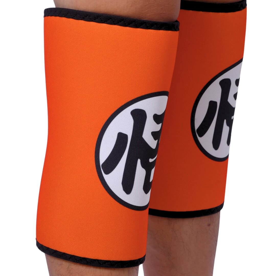 7mm DBZ anime knee sleeves with a black and white symbol on a white background