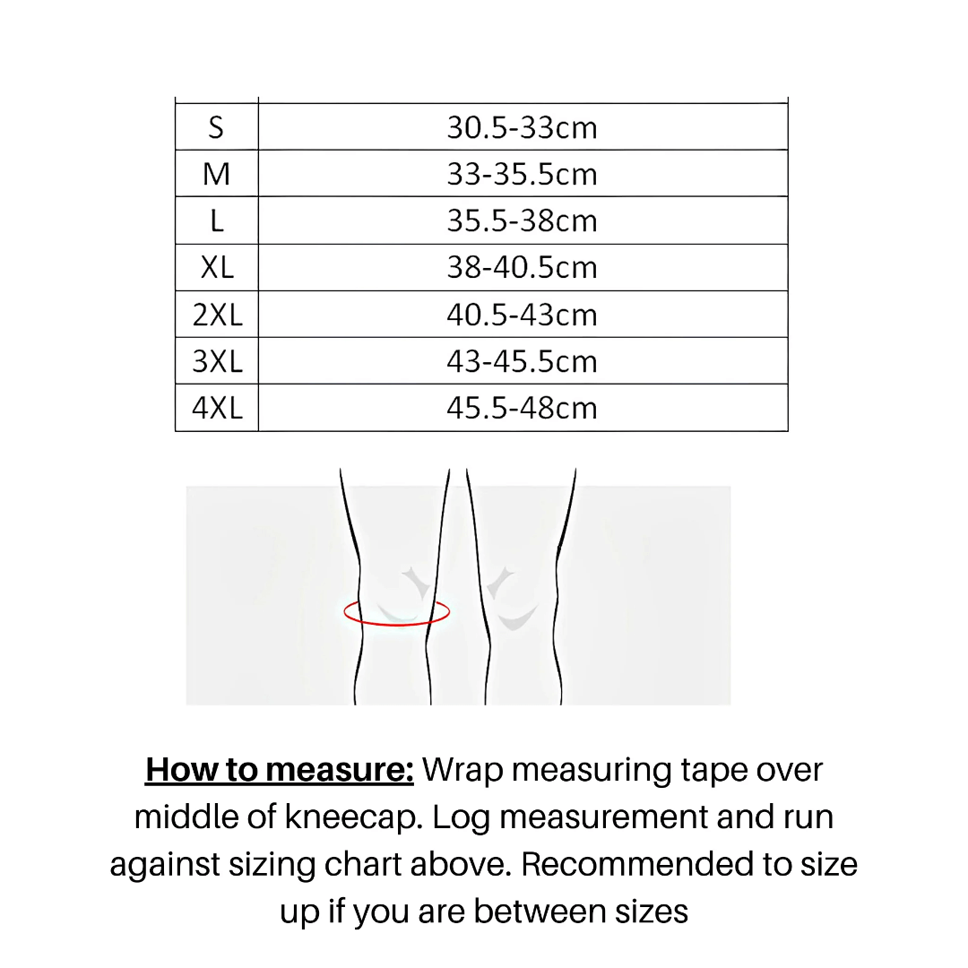 Size chart for knee sleeves with measurement guide and how-to-measure instructions.