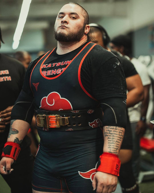Storm in his competition singlet and lever belt, standing ready between attempts at the Iron Built Games 2024.