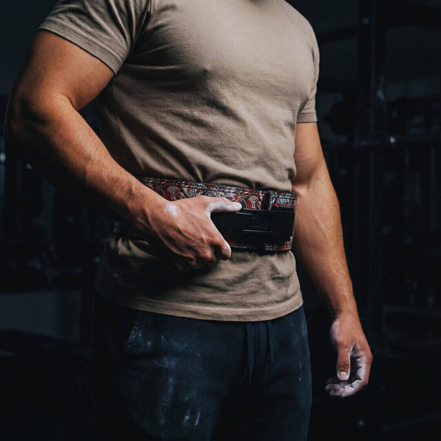 model with weightlifting belt for strength training and powerlifting