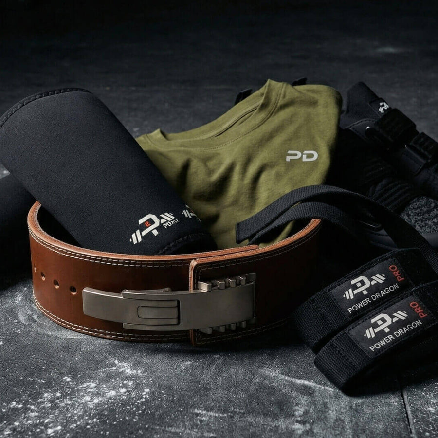 powerlifting bundle set. Contains lever belt, deadlift slipper, 7mm neoprene knee sleeves, lifting straps