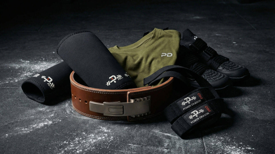powerlifting bundle set. Contains lever belt, deadlift slipper, 7mm neoprene knee sleeves, lifting straps