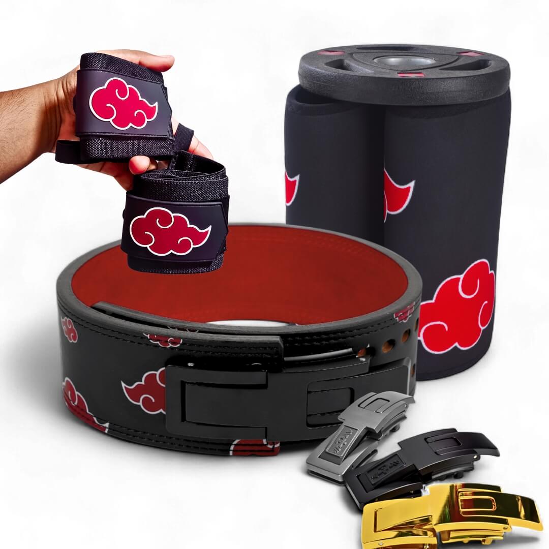 Akatsuki powerlifting belt set with cloud design, wrist wraps, and buckles on a white background