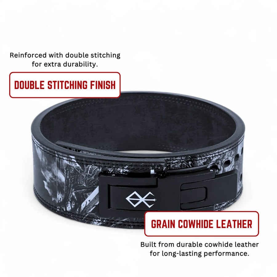 Showcasing Berserk lifting belt | Anime lifting belt made out of cowhide leather and double stitching for heavy duty weight training
