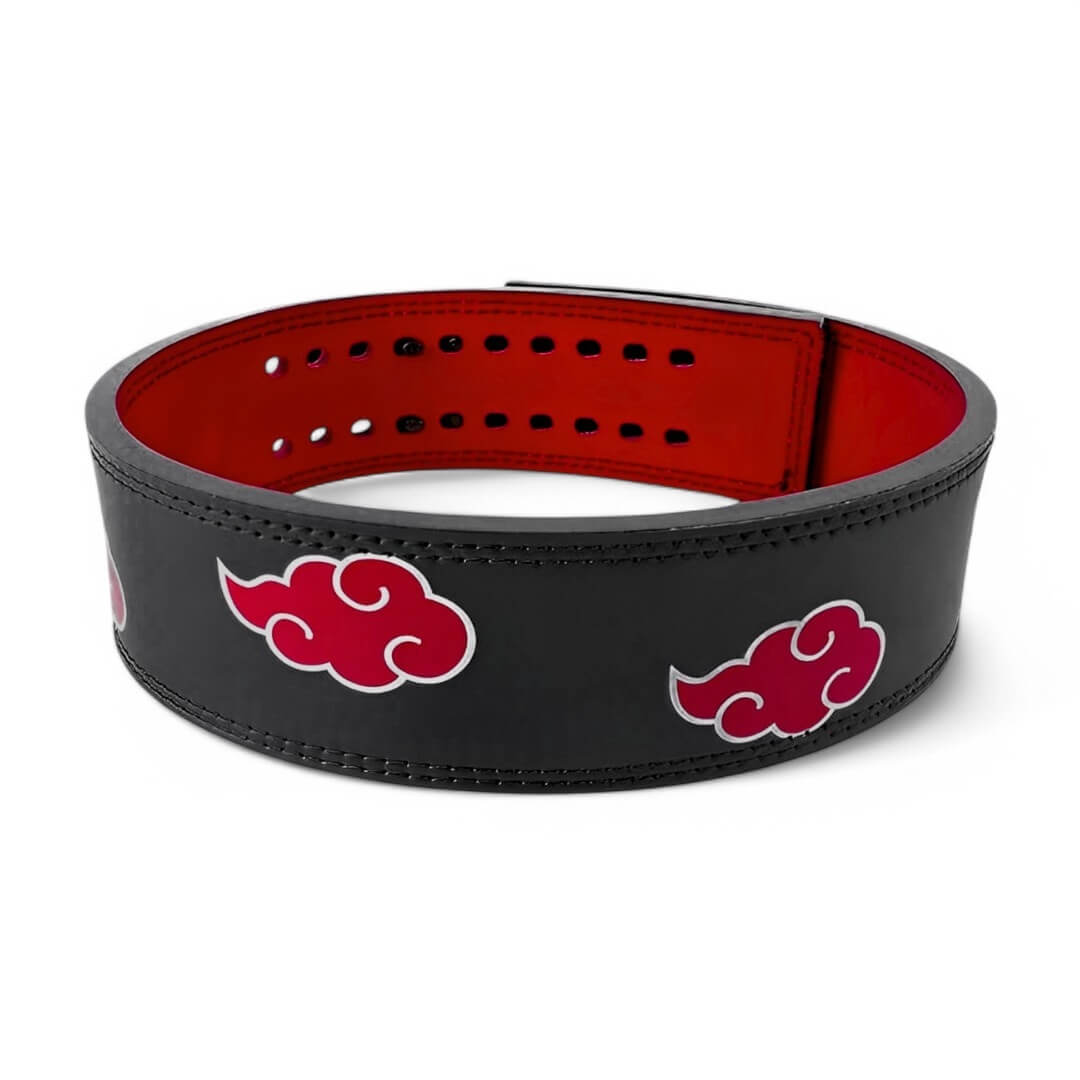 5th image of Anime Powerlifting Belt with red cloud designs, durable leather, and secure buckle, perfect for weightlifting and strength training.