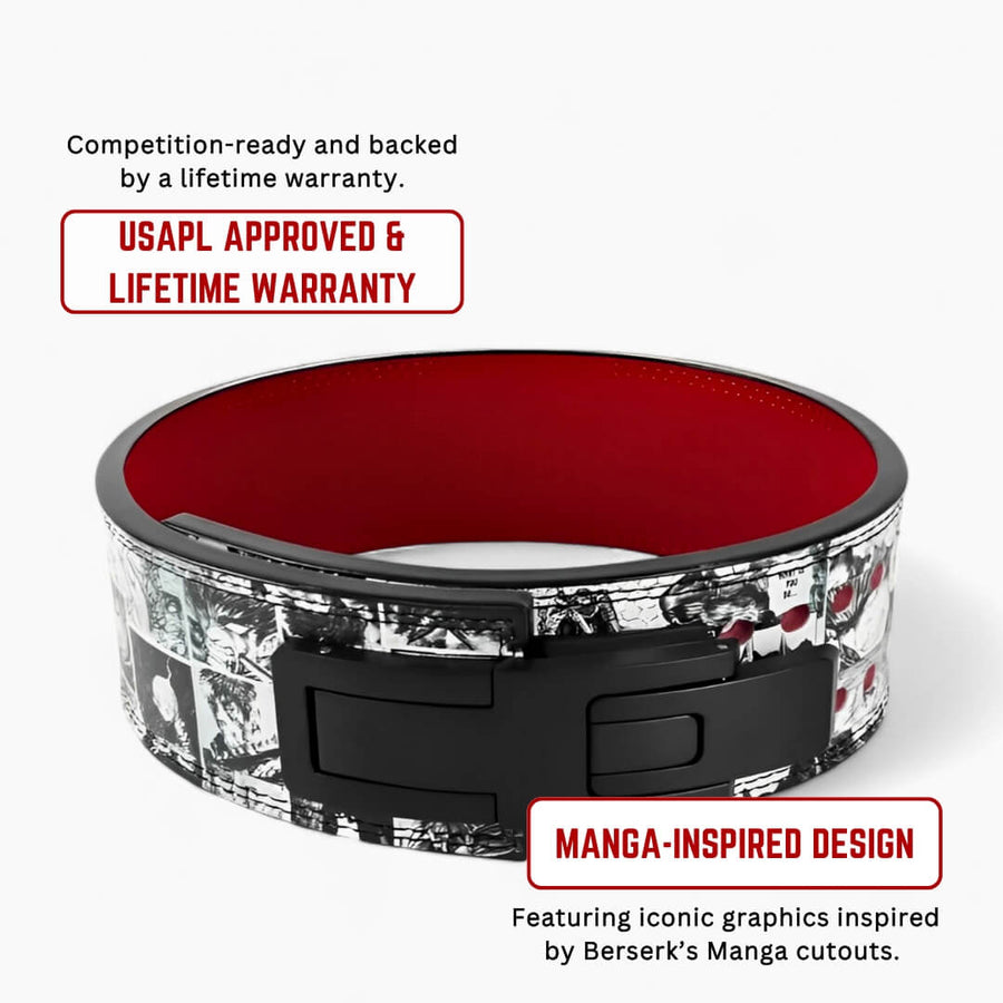 Showcasing Manga Berserk lifting belt | Anime lifting belt with design inspired by Berserk and ready for competition such as USAPL, USPA federations