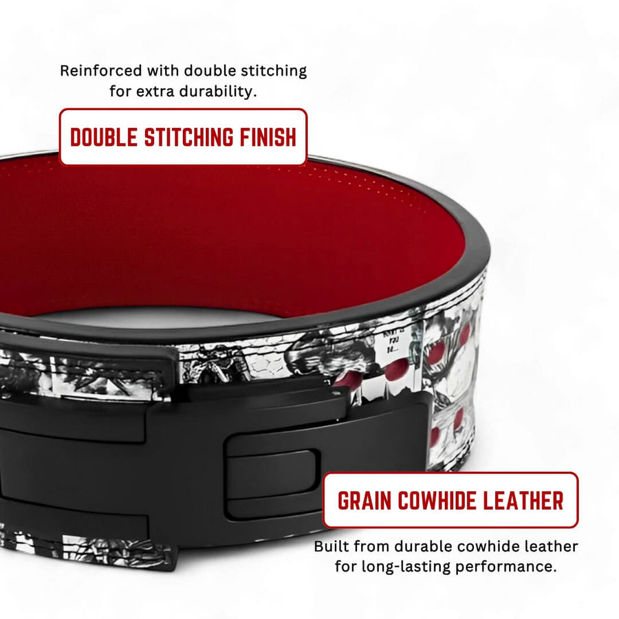 Showcasing Berserk lifting belt | Anime lifting belt made out of cowhide leather and double stitching for heavy duty weight training | Manga Berserk lifting belt