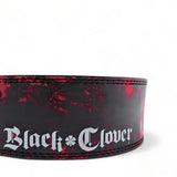 Closed up rear view of black clover lever belt  | Anime weightlifting belt for strength sports such as powerlifting