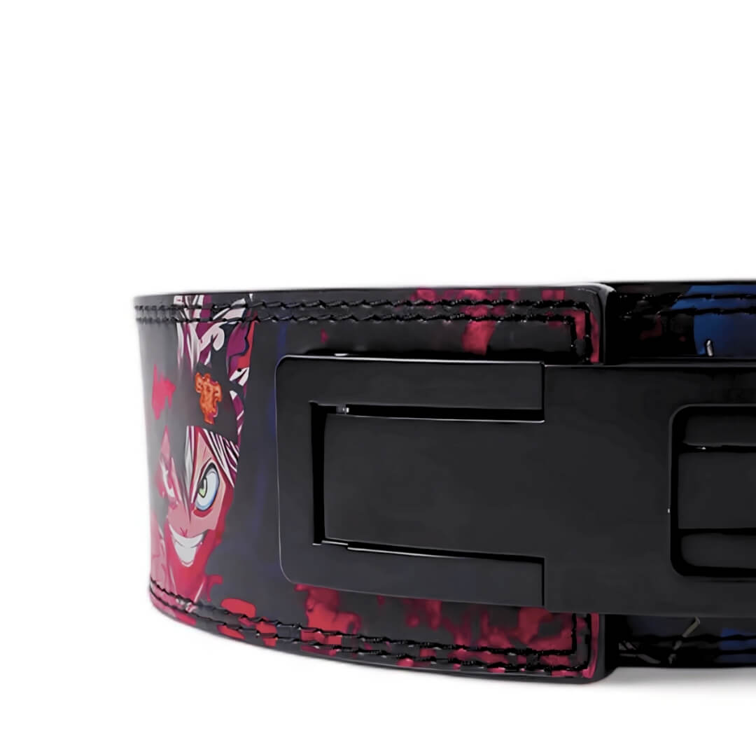 Closed up front view of black clover lever belt  | Anime weightlifting belt for strength sports such as powerlifting