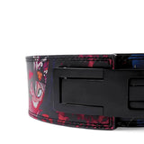 Closed up front view of black clover lever belt  | Anime weightlifting belt for strength sports such as powerlifting