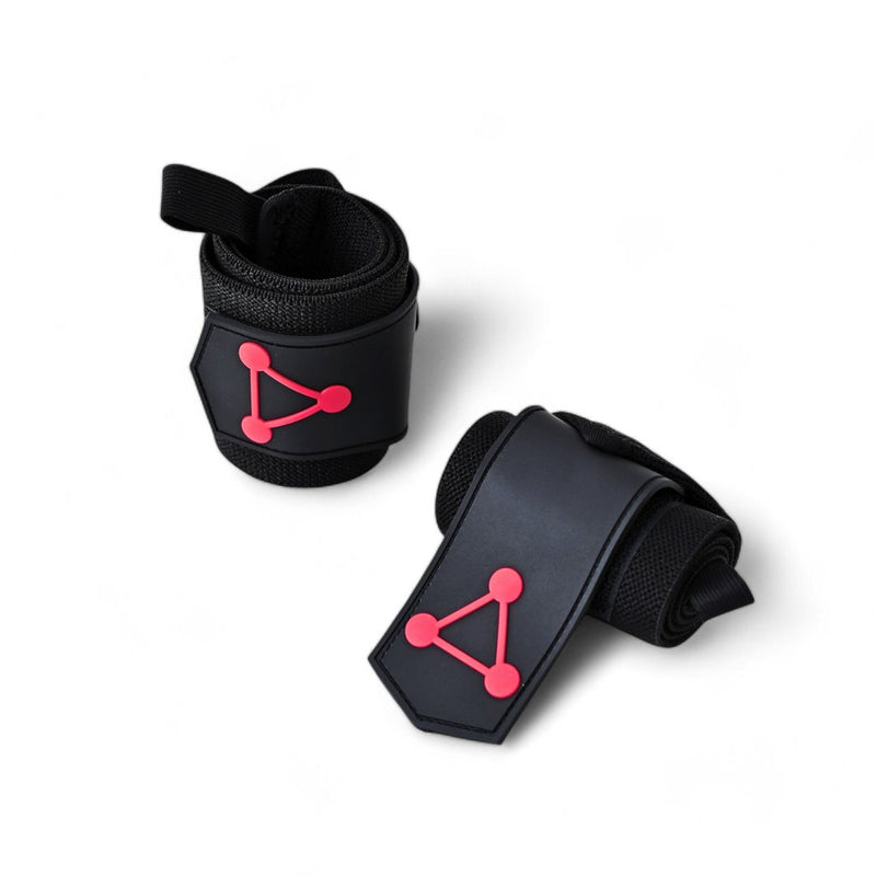 Pair of Shikigami Black wrist wraps, rolled black wraps with a red three-point triangle on each end patch