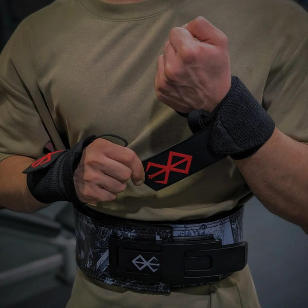Showcasing Berserk wrist wraps and berserk lifting belt - anime lifting belt and anime wrist wraps