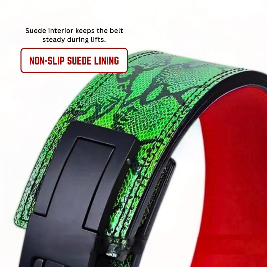 Showcasing snake pattenred weightlifting belt | powerlifting belt has suede inner lining prevents slipping