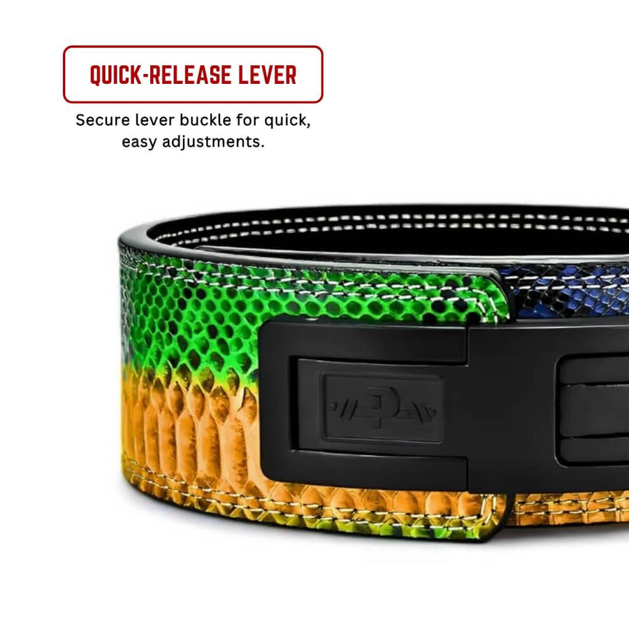 Showcasing Snake embossed weightlifting belt | Lever Buckle is adjustable