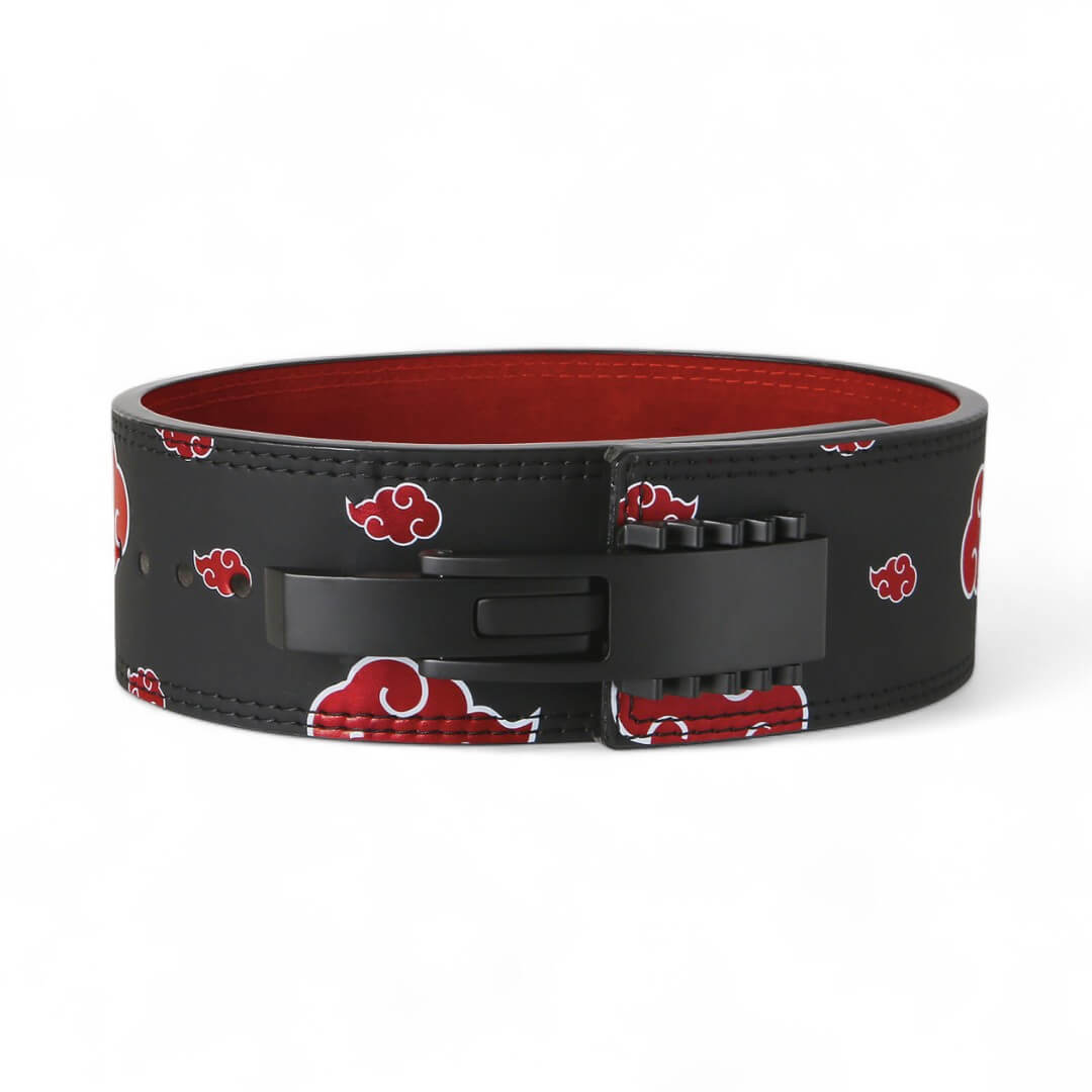 Full-grain leather lever belt with red cloud pattern
