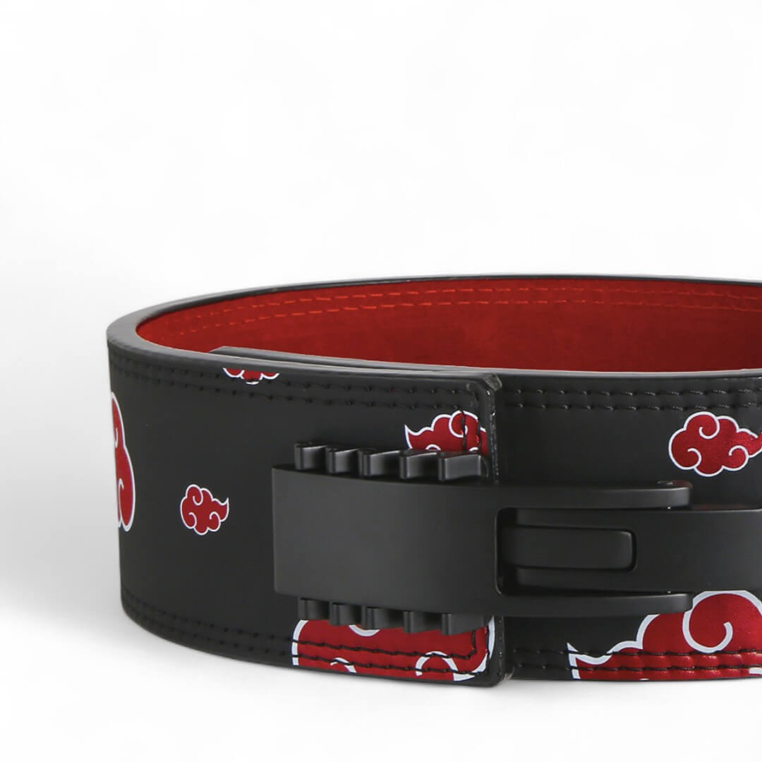 Full-grain leather lever belt with red cloud pattern