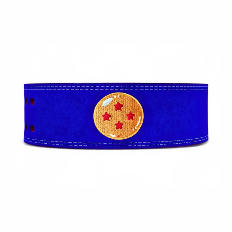 Main view Anime lifting belt with dragonball logo stitched on blue suede exterior