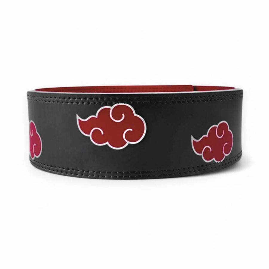 Main image of Akatsuki Lever Belt. Anime Powerlifting Belt with red cloud designs, durable leather, and secure buckle, perfect for weightlifting and strength training.