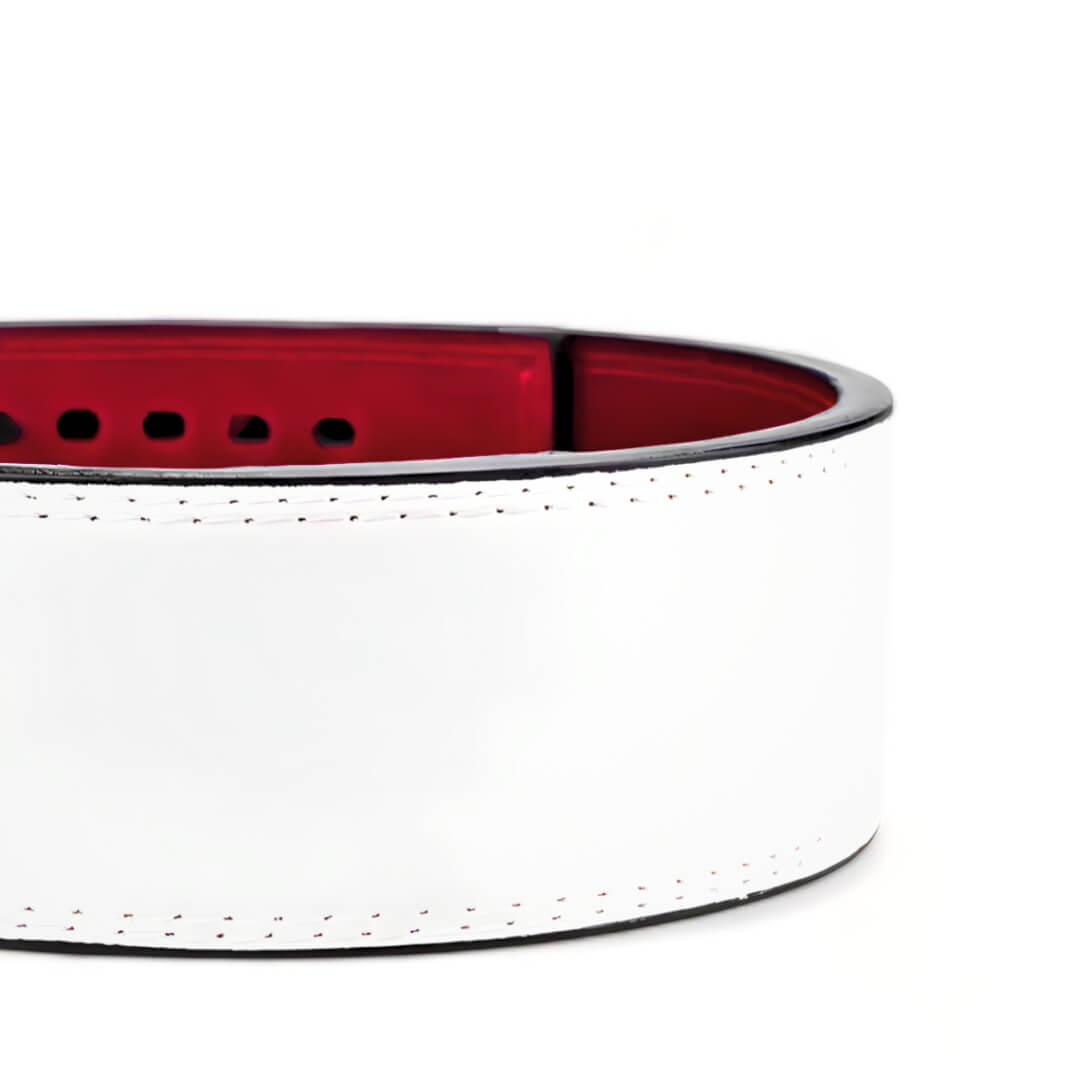 Close up rear view of white leather weightlifting belt
