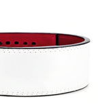 Close up rear view of white leather weightlifting belt