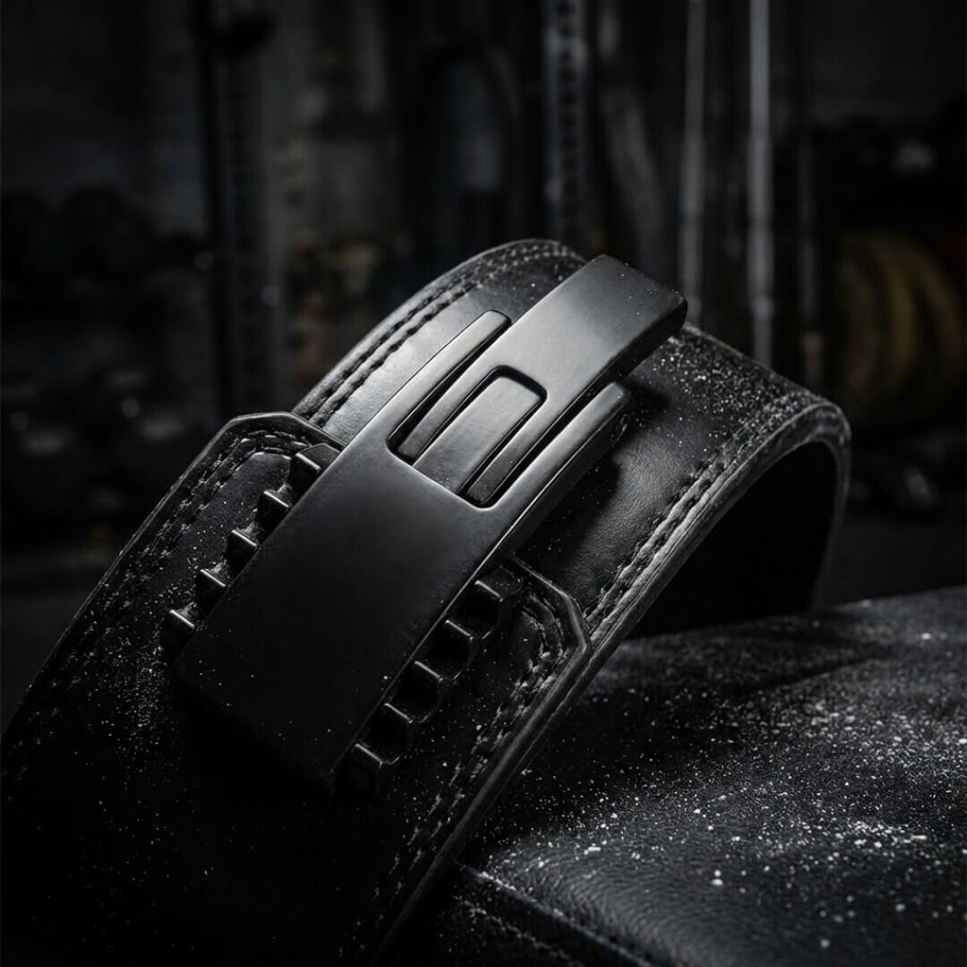 10mm leather powerlifting belt with adjustable lever inside the gym
