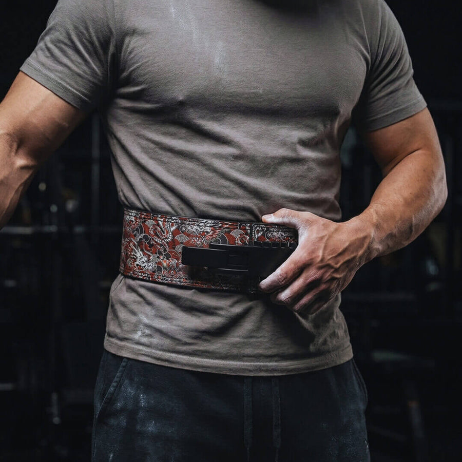 Athlete wearing Japanese pattern powerlifting lever belt | USAPL & USPA approved leather weightlifting belt