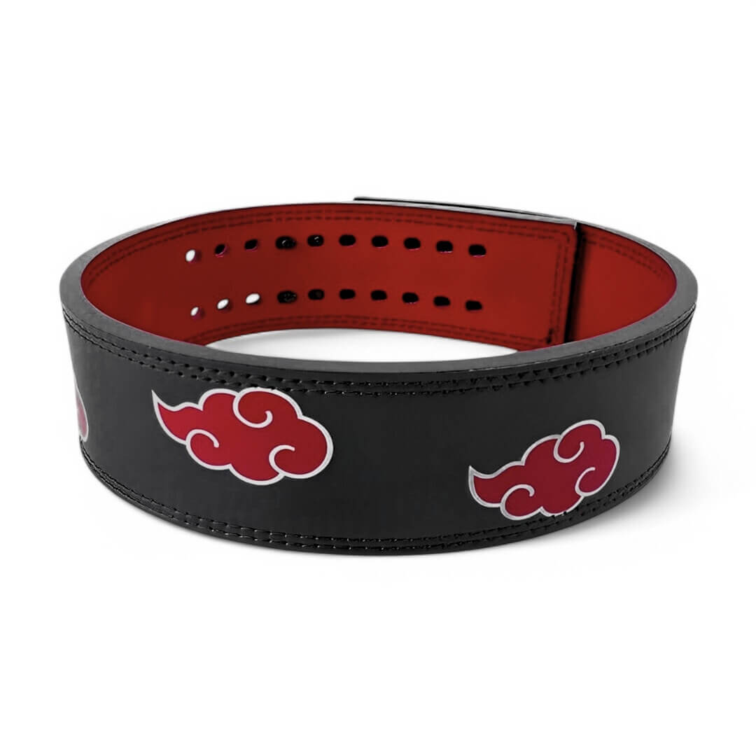5th image of Anime Powerlifting Belt with red cloud designs, durable leather, and secure buckle, perfect for weightlifting and strength training.