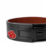 Close up of Naruto Weightlifting Belt with red cloud designs, durable leather, and secure buckle, perfect for weightlifting and strength training.