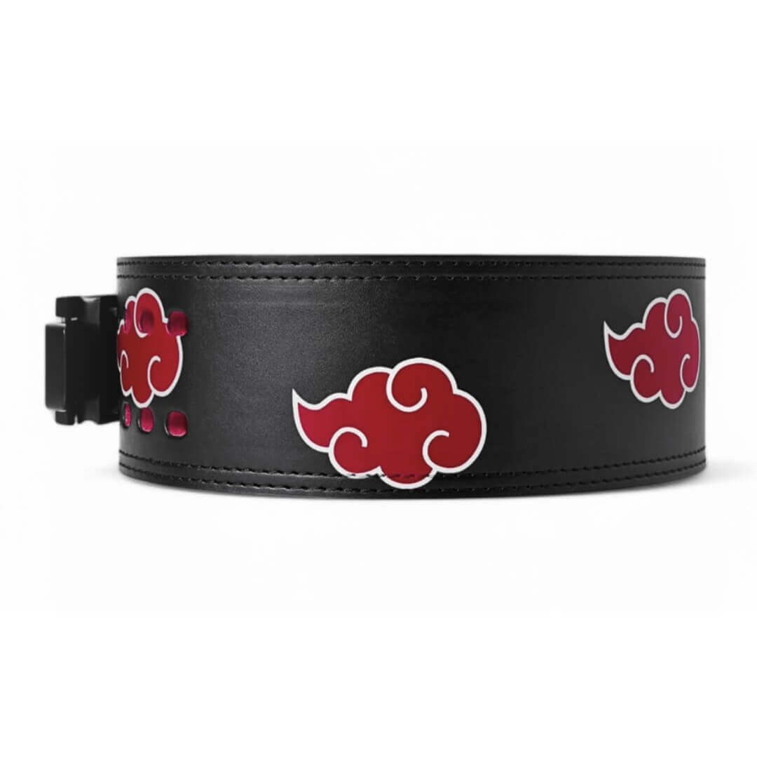 3rd image of Akatsuki Lever Belt. Anime Powerlifting Belt with red cloud designs, durable leather, and secure buckle, perfect for weightlifting and strength training.