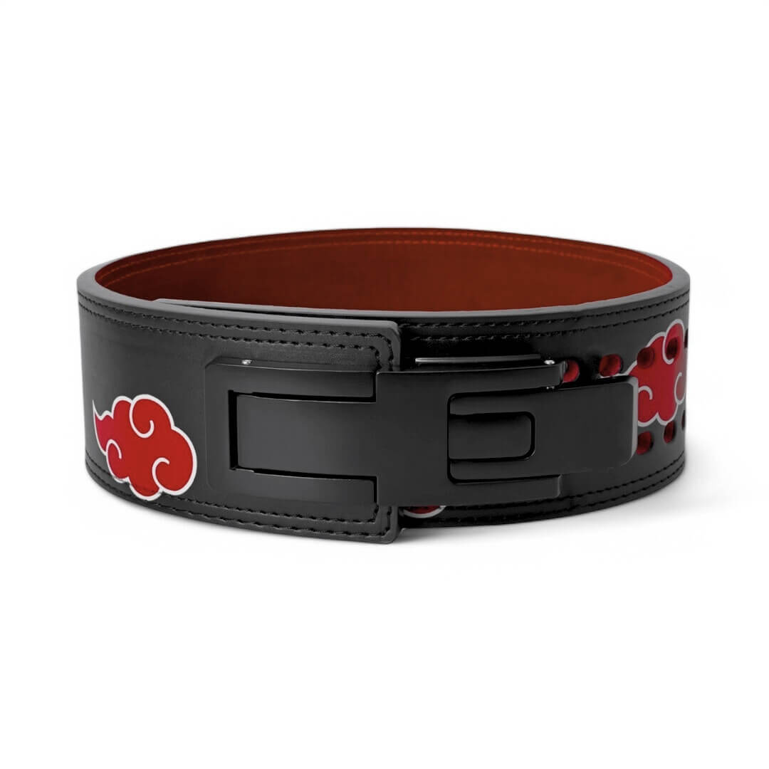 2nd image of Akatsuki Lever Belt. Anime Weightlifting Belt with red cloud designs, durable leather, and secure buckle, perfect for weightlifting and strength training.