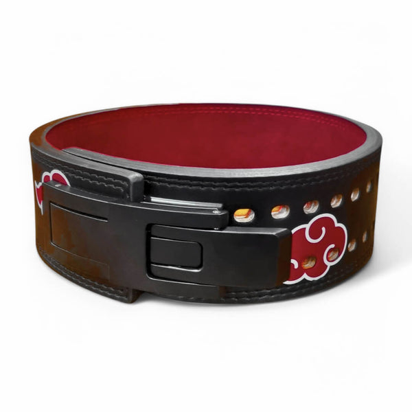 Side view of Akatsuki Weightlifting Belt with red cloud designs, durable leather, and secure buckle, perfect for weightlifting and strength training.