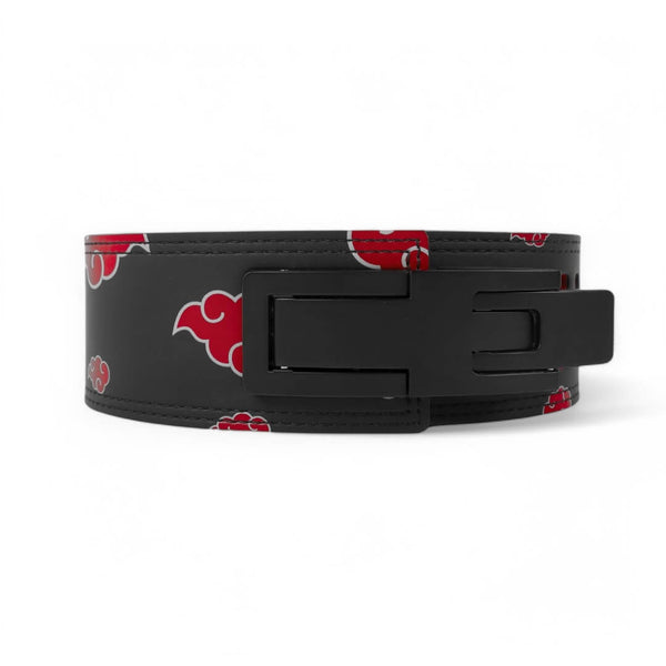 2nd image of Anime weightlifting belt displaying durable lever buckle and the vivid red cloud designs, embodying the spirit of the Akatsuki. For powerlifting, weightlifting and other strength sports
