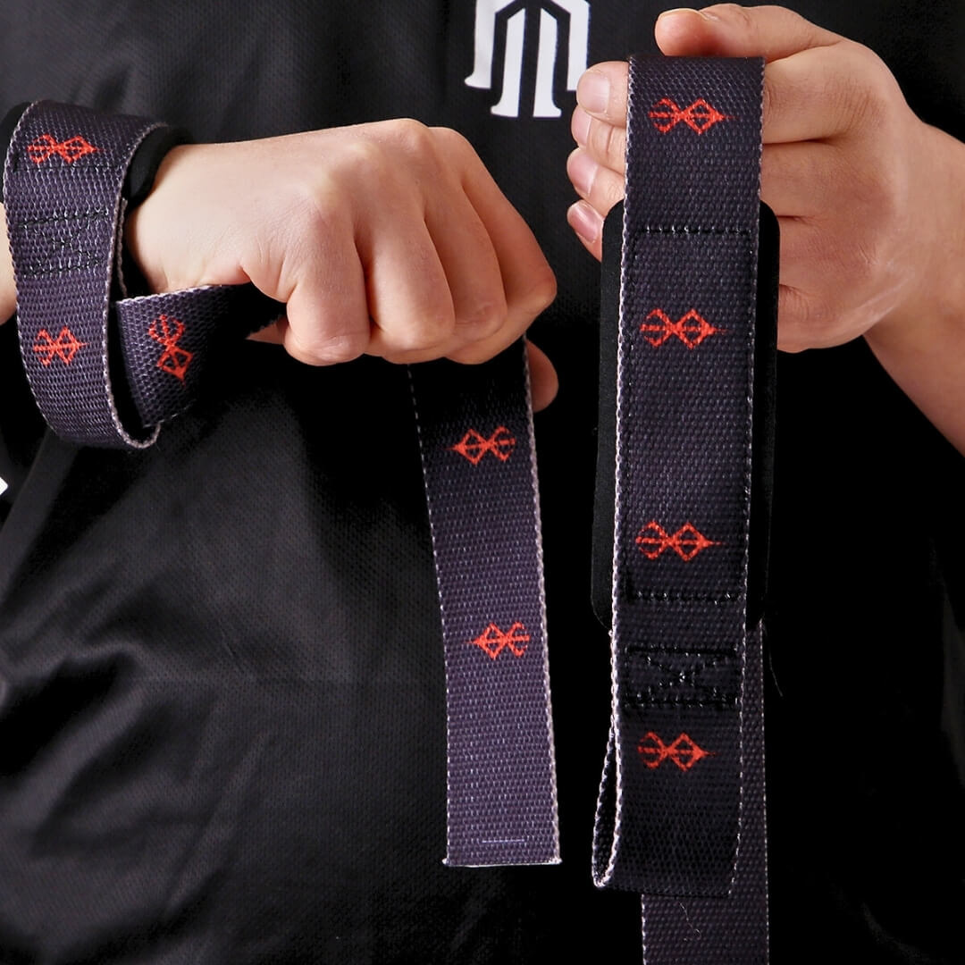 Black lifting straps with red dark sigil print