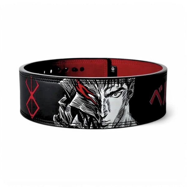 Main image of Berserk Lifting Belt with Guts' face. This anime-inspired powerlifting belt with adjustable lever offers ultimate lower back support for deadlifts and squats.