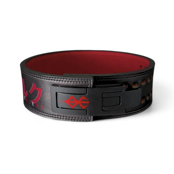 Front of Berserk Lifting Belt with logo. This anime-inspired powerlifting belt with adjustable lever offers ultimate lower back support for deadlifts and squats.
