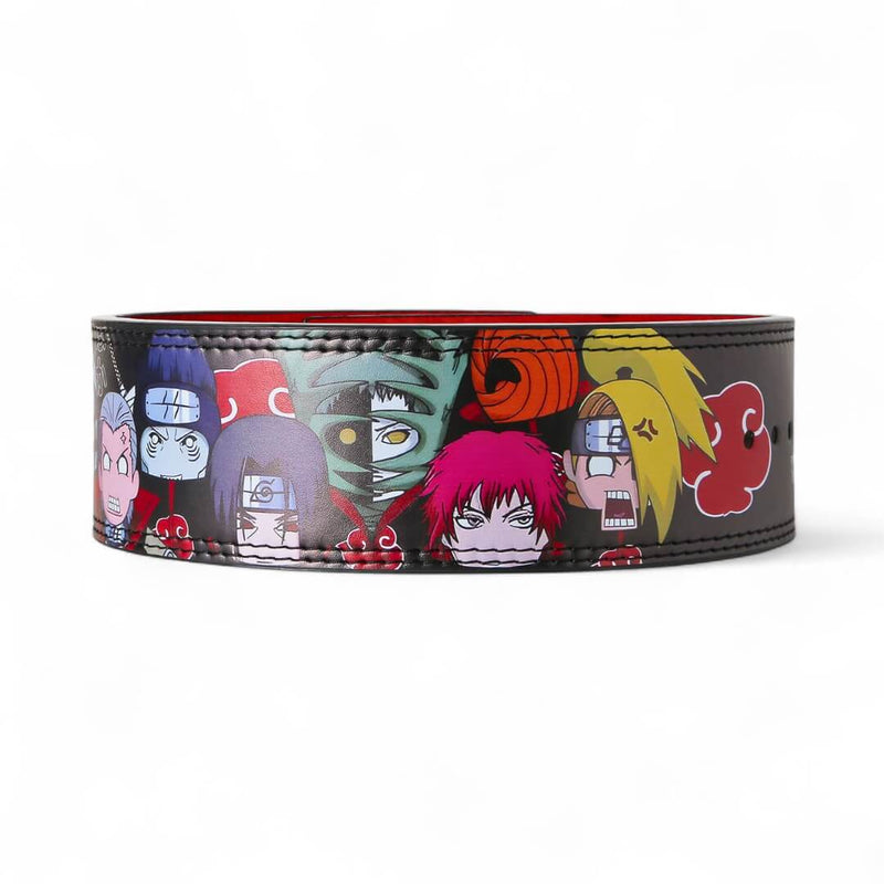 A multicolored powerlifting lever belt featuring character illustrations on a black background with a red interior.