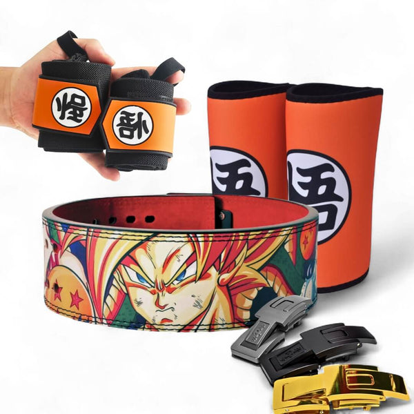 Set of wrist wraps, knee sleeves, and a belt with a Dragonball Z design on a white background