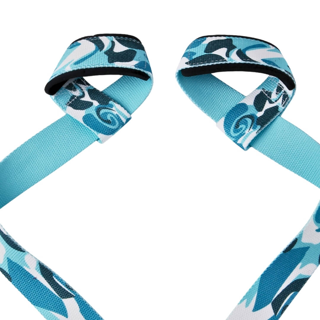Close-up of the loop ends on the Deep Blue lifting straps, black padding inside turquoise, teal and white camo