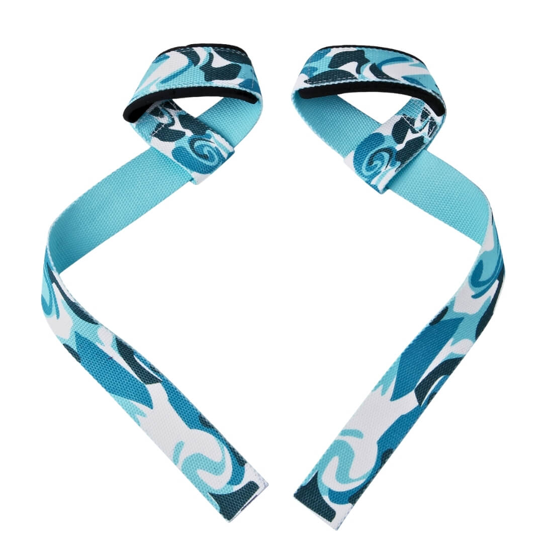 Pair of Deep Blue lifting straps for deadlifts laid out, turquoise and teal camo with a plain light blue reverse