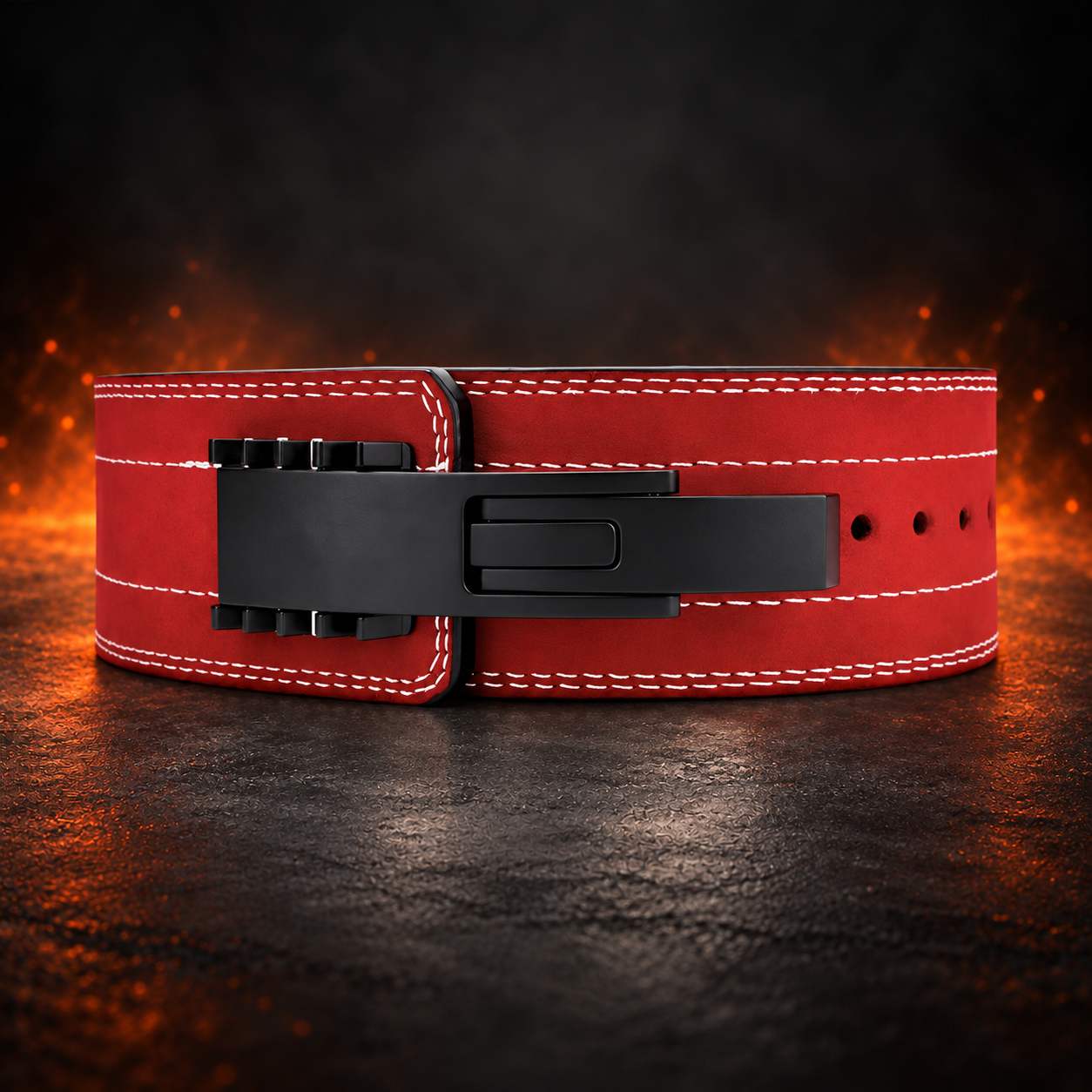 Front view of the red Forge 10mm lever belt, red suede with double rows of white stitching and a matte black lever