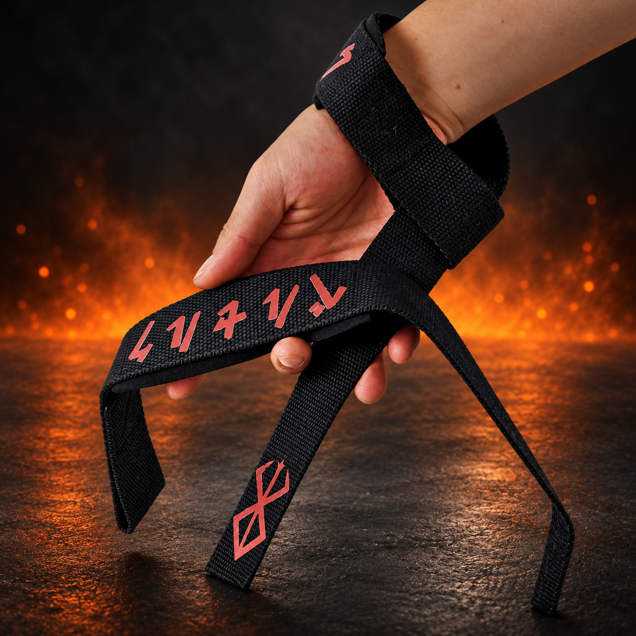 Hand wrapped in the Rune lifting straps, black webbing with red angular script on the pad and a red three-point mark