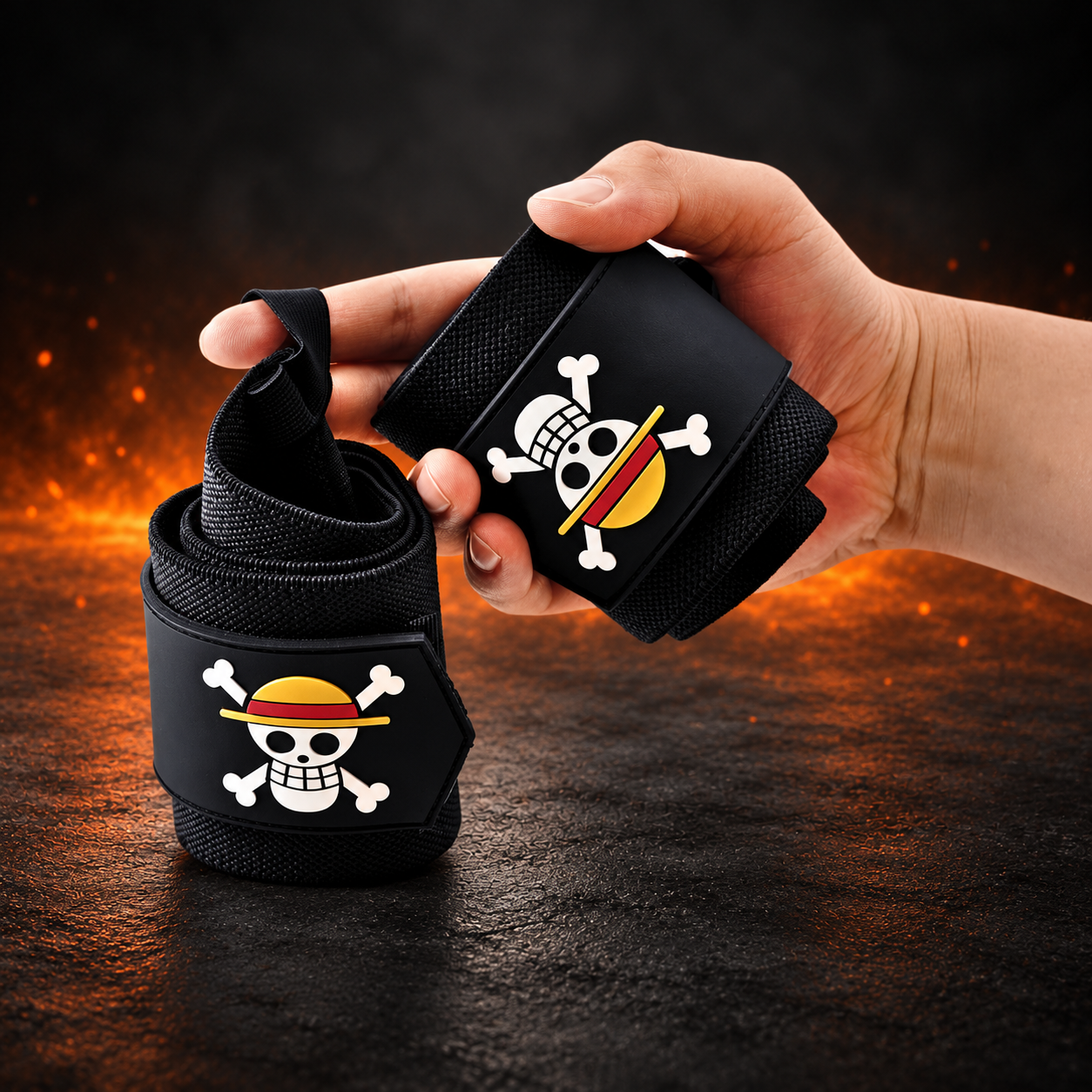 Hand holding the Jolly Roger wrist wraps, one with its thumb loop up, each with a skull in a red-banded yellow hat