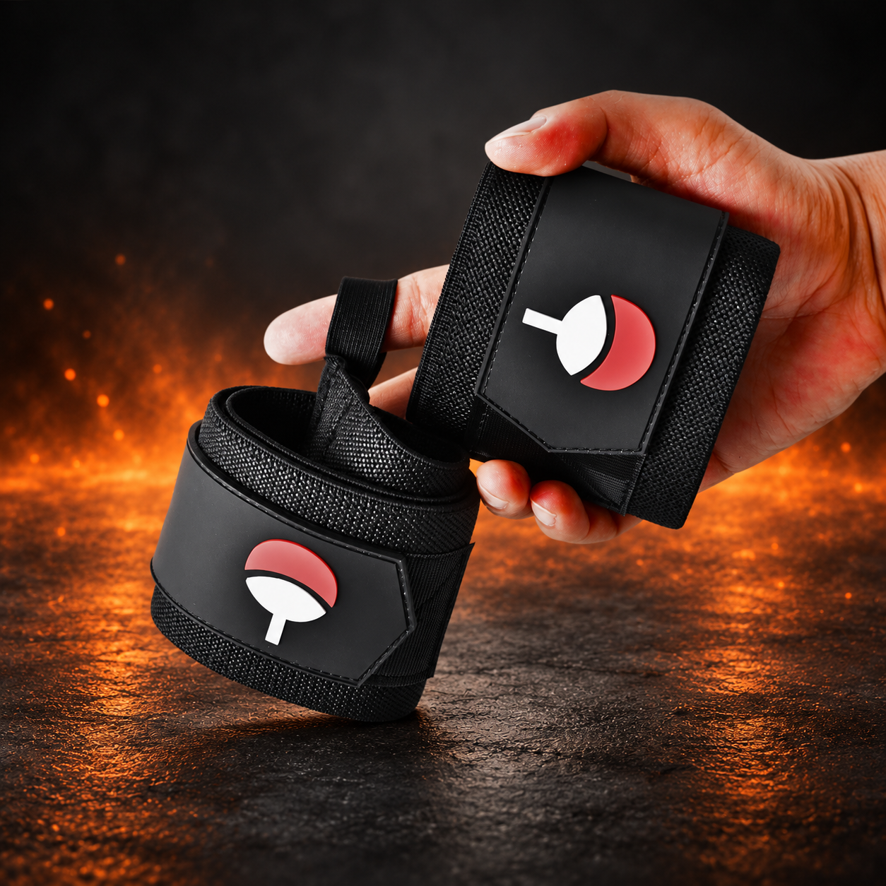 Hand holding the Crimson Fan wrist wraps, a black pair with a raised red-over-white fan crest on each panel