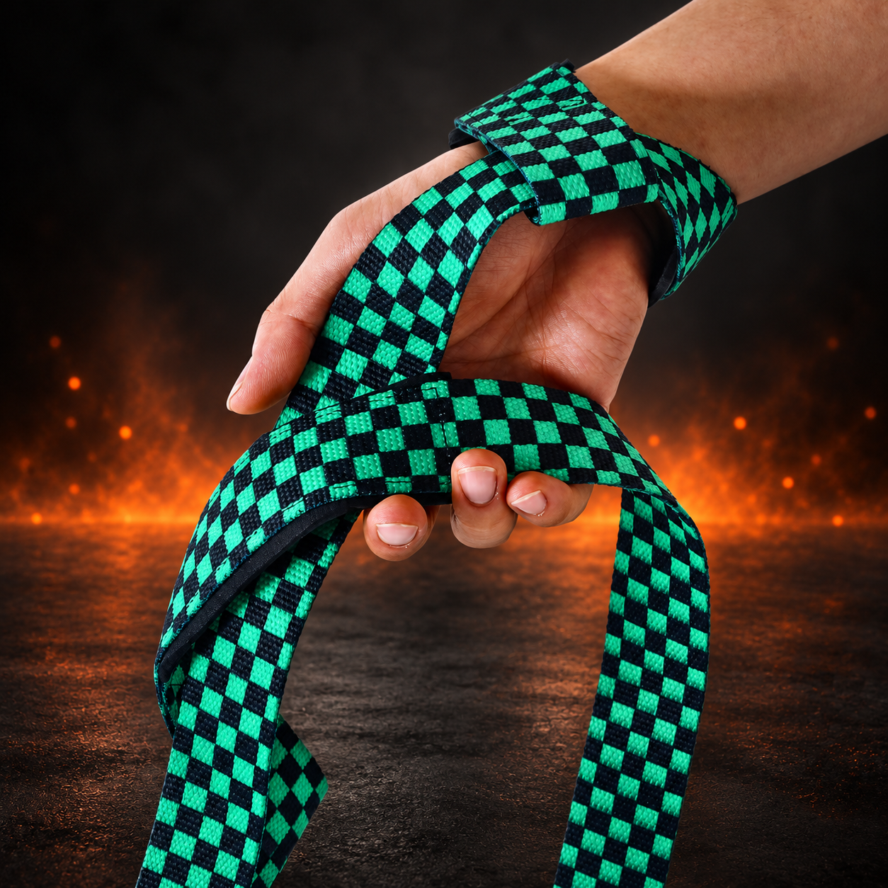 Six-panel grid of Edo lifting straps: green checks, blue clouds, pink hemp leaf, flames, yellow scales and tortoiseshell