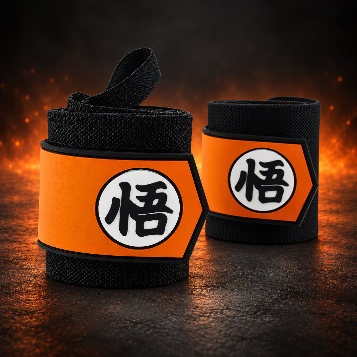 Orange Wisdom wrist wraps held in the hand, black wraps with a pointed orange panel and a black kanji in a white circle
